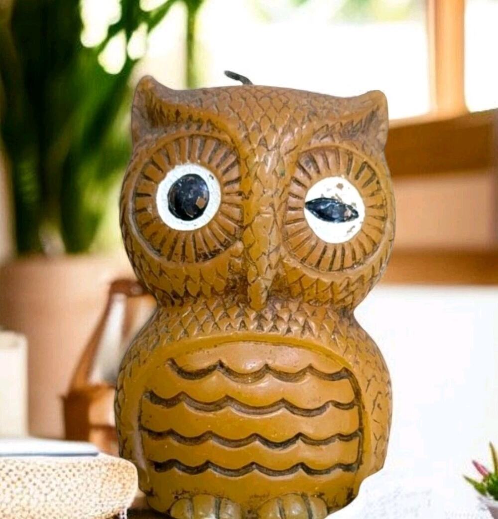 Vtg Kitsch Owl Candle 5in Brown Wax MCM Halloween Fall Decor Figural Bird